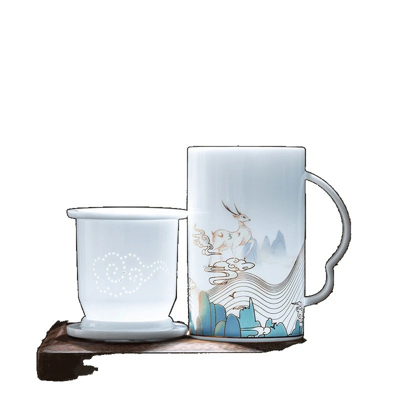 

Ice suet jade porcelain with lid Chinese style office cup male and female couples antique relief mug household