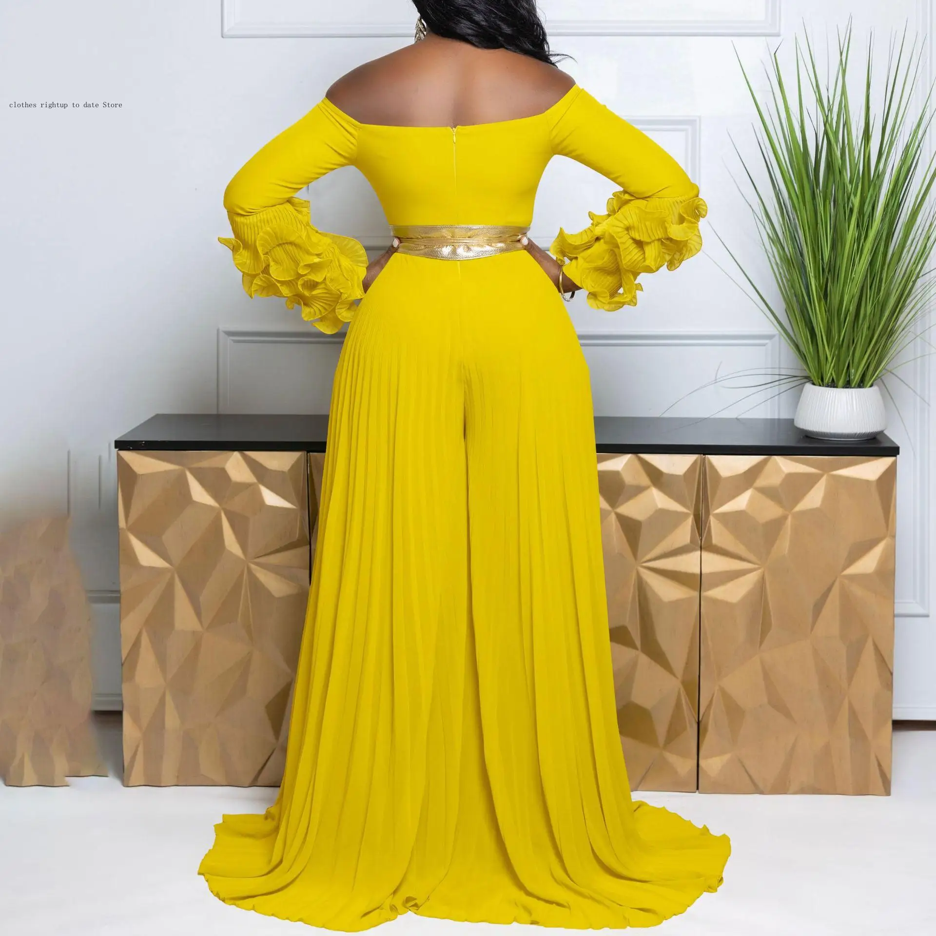 Party Beach Belt Street Sexy Africa Outfit Rompers Women Long Ruffles Sleeve Pleated Slash Neck Wide Leg Long Jumpsuits