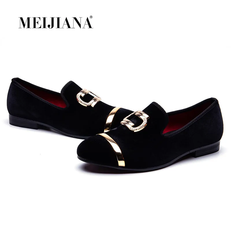 Luxury Men's Black Velvet Loafers Gold Square Buckle Red Lining Slip-On Formal Smoking Shoes for Party Wedding Office