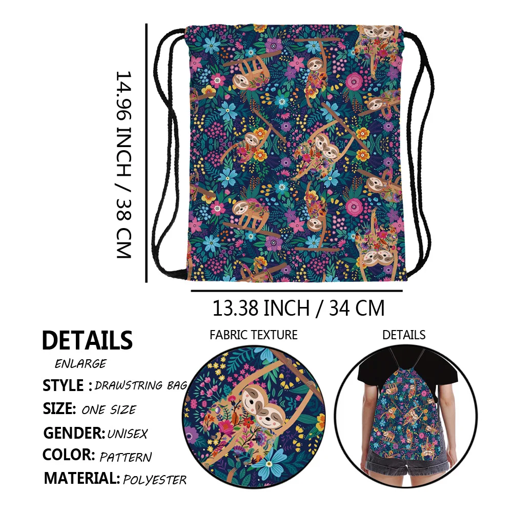 Sloth Print Pattern Foldable Backpack Waterproof Drawstring Backpack Outdoor Sport Fitness Storage Bag Thick Rope Polyester Bag