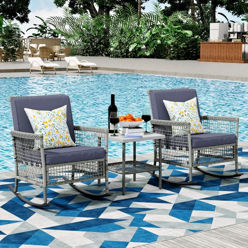 

3 Piece Patio Furniture Set with Coffee Table, Outdoor Rocking Chairs Set of 2, Rattan Wicker Lounge Chair with Cushions