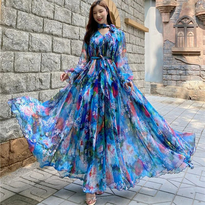 Elegantes, schmal geschnittenes Chiffon-Strandkleid für Damen – Sommer 2026 – Oversize, bedruckt, langärmlig, koreanischer Stil, Abendgarderobe
