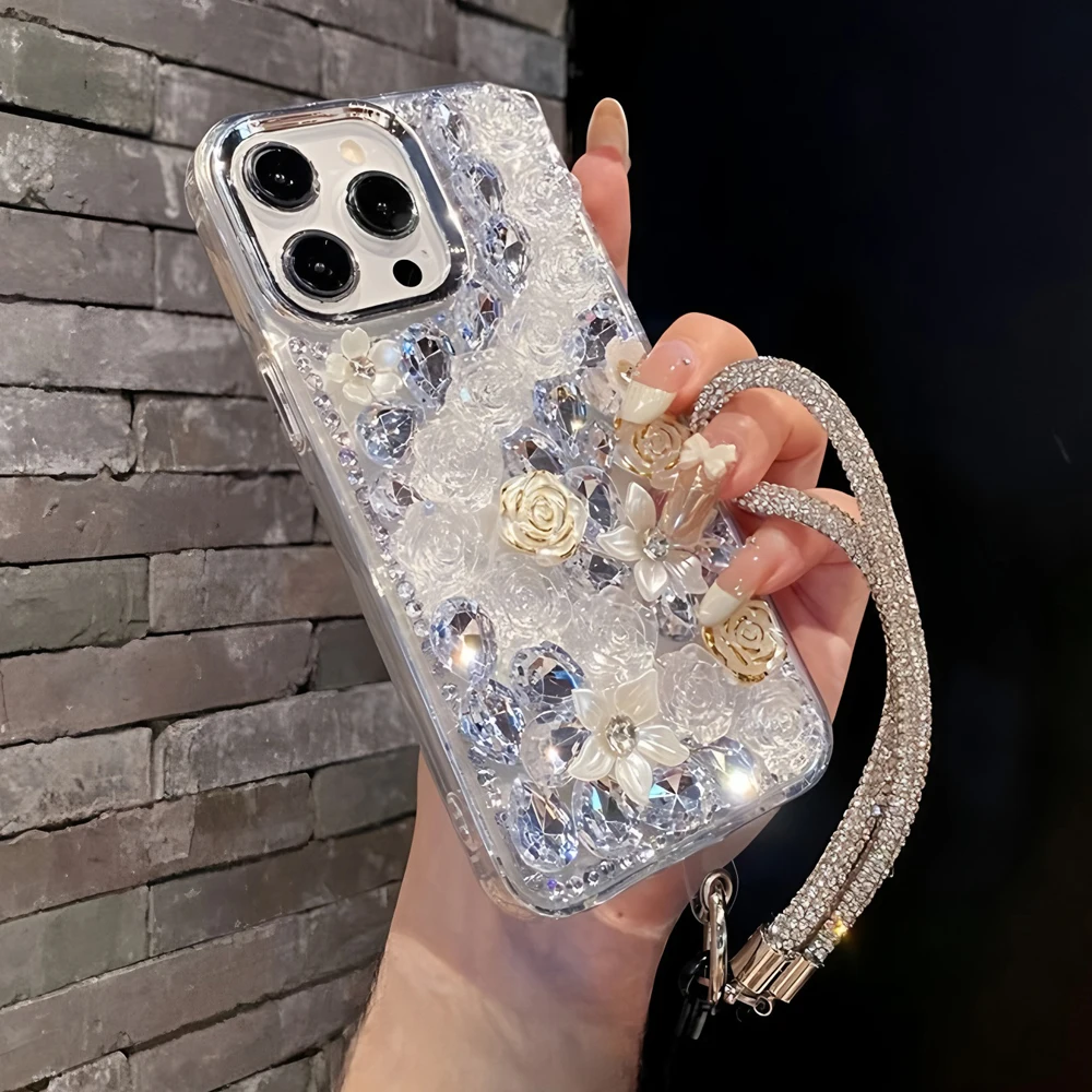 Con cordino di lusso 3D camelia strass Bling cassa del telefono per XiaoMi RedMi Note 14 Pro Plus 14S 13 12 Turbo 4G 5G copertura