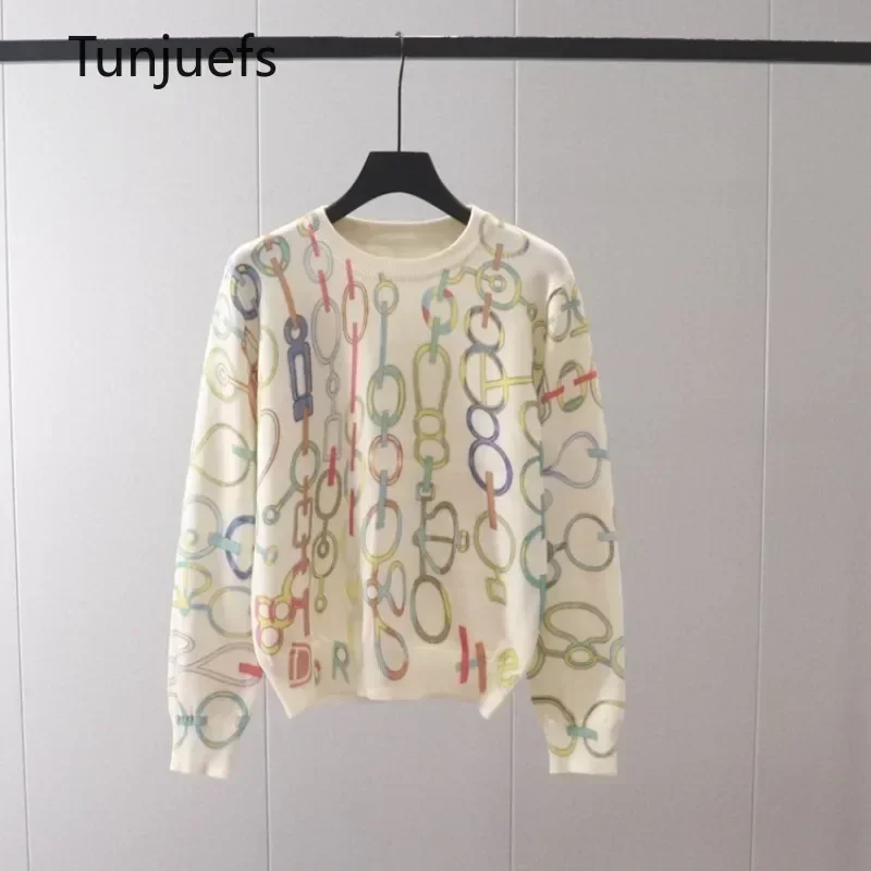 Luxury Chain Print Women's Sweater Pullovers White Wool Knit Tops Long Sleeve Jumper Jersey Korea Y2k Blouse Knitwear Winter