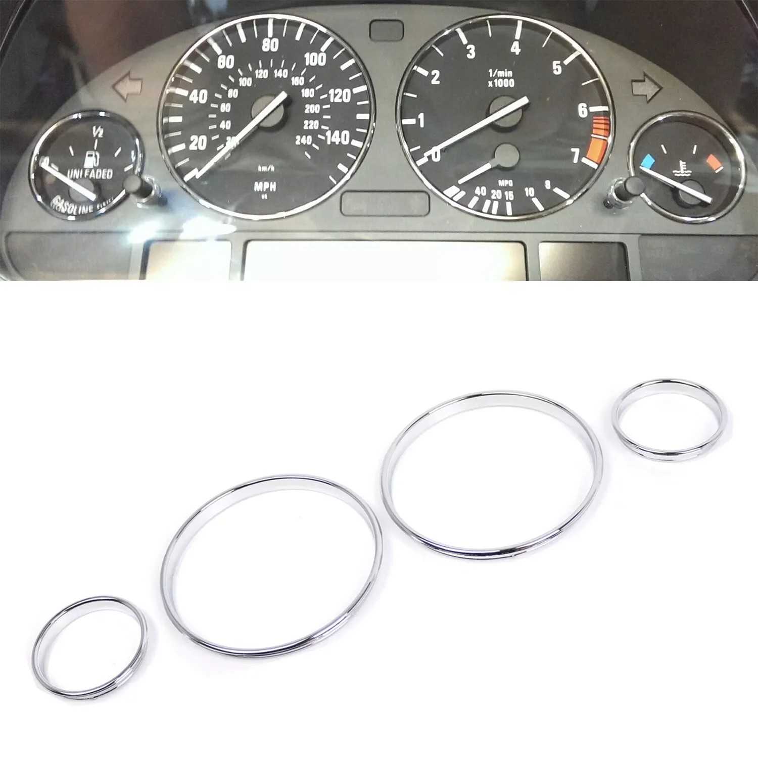 For BMW E39 E38 E53 X5 Chrome Dash Trim Rings Speedometer Gauge Cluster Panel