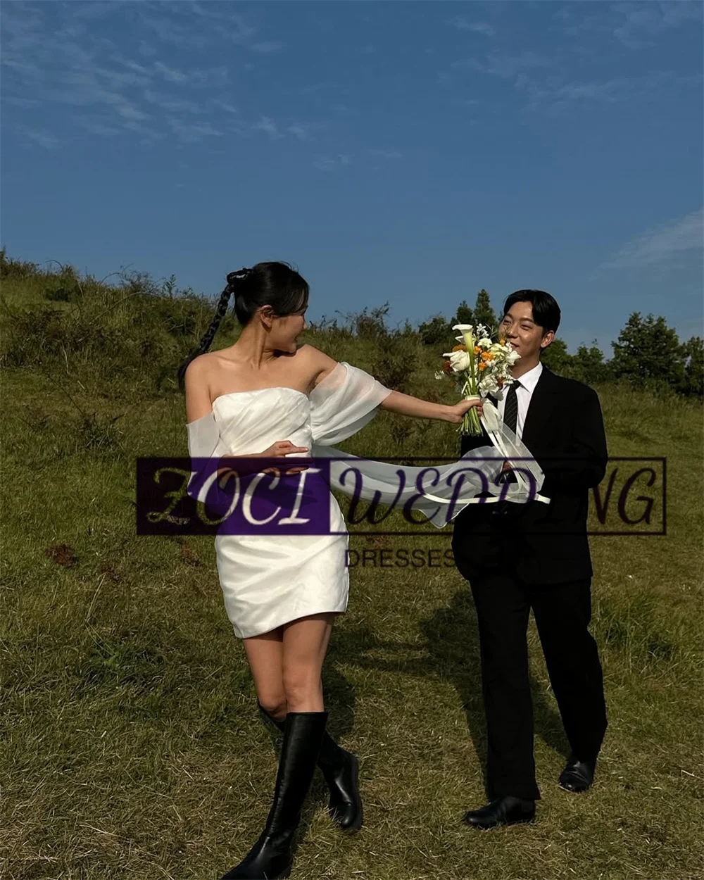Zoci Strapless Short Mini Korea Wedding Dresses Customized Photos Shoot Mermaid Dress Simple Off Shoulder Big Bow Bridal Gown