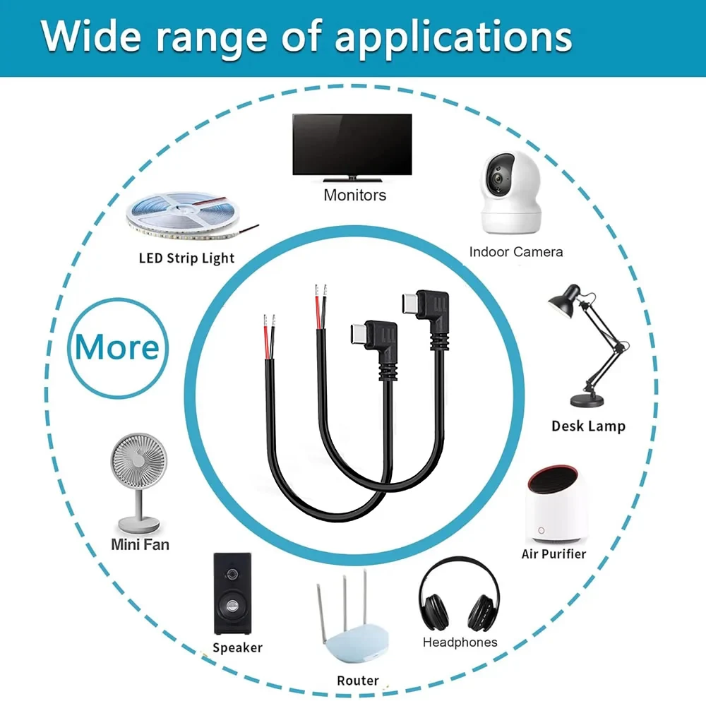 USB C إلى 2 دبوس سلك عاري نهاية مفتوحة سلك الطاقة، 90 درجة USB نوع C ذكر التوصيل 2 دبوس كابل ضفيرة، لكابل USB نوع C DIY 5 فولت