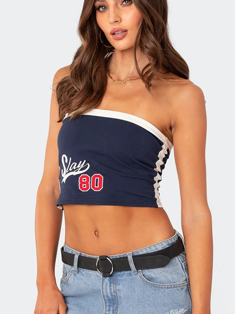 Women's Y2K sleeveless blouse strapless solid color striped printed shirt summer sexy blouse