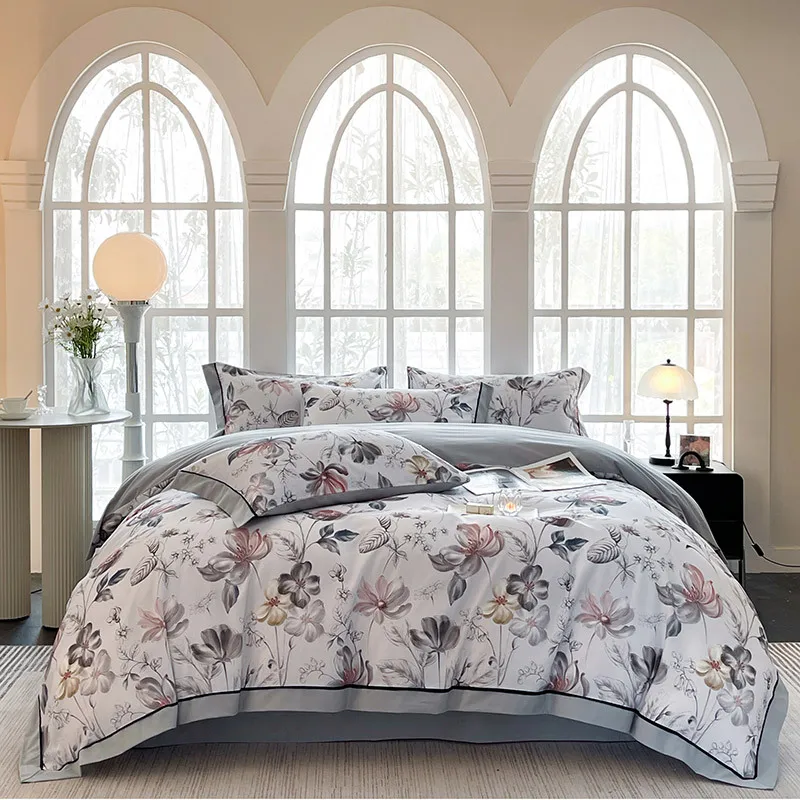 Digital Printing Bedding Set, American Vintage Flowers, 600TC Brushed Cotton, Thick Warm Duvet Cover Set, Bed Sheet, Pillowcases