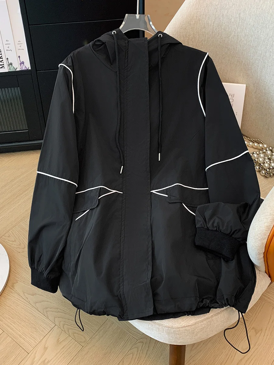 150Kg Plus Size Women\'s Bust 160 Spring Autumn Contrast Color Hooded Trench Coat   Loose Casual Jacket 5XL 6XL 7XL 8XL 9XL