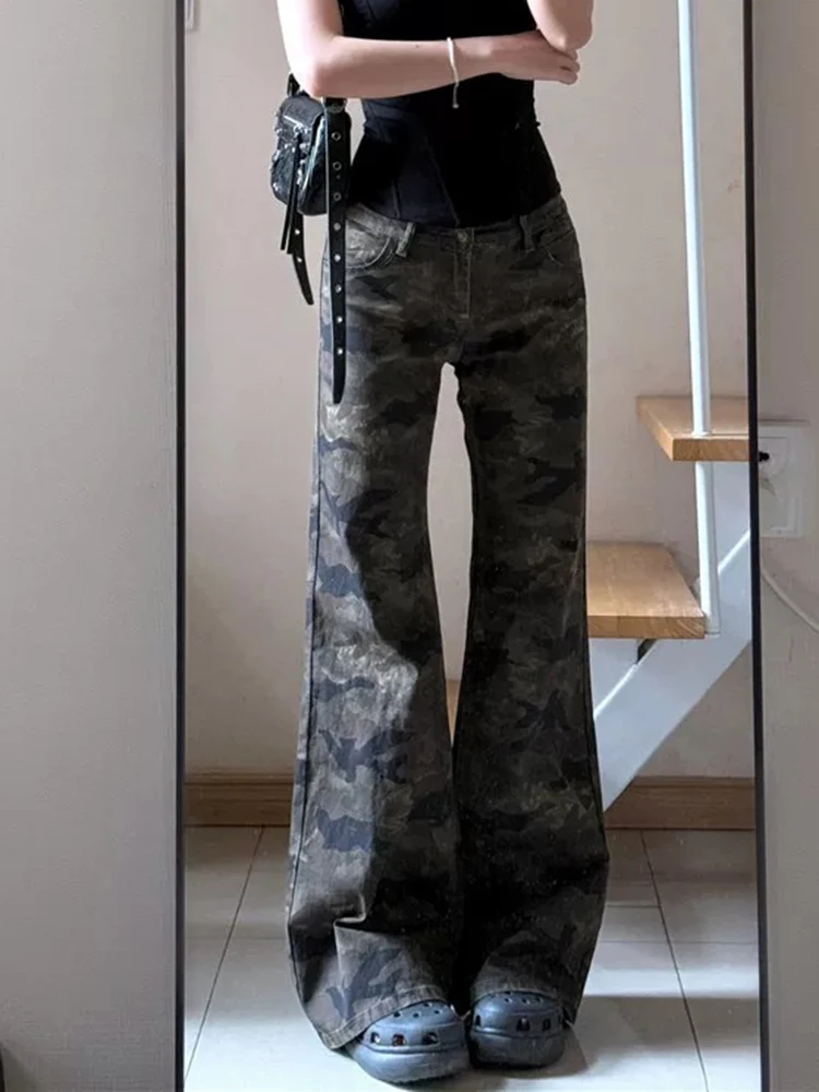 Y2K – jean taille basse pour femmes, imprimé Camouflage rétro américain, léger évasé, jambes larges, ample, suspendu, coupe allongée