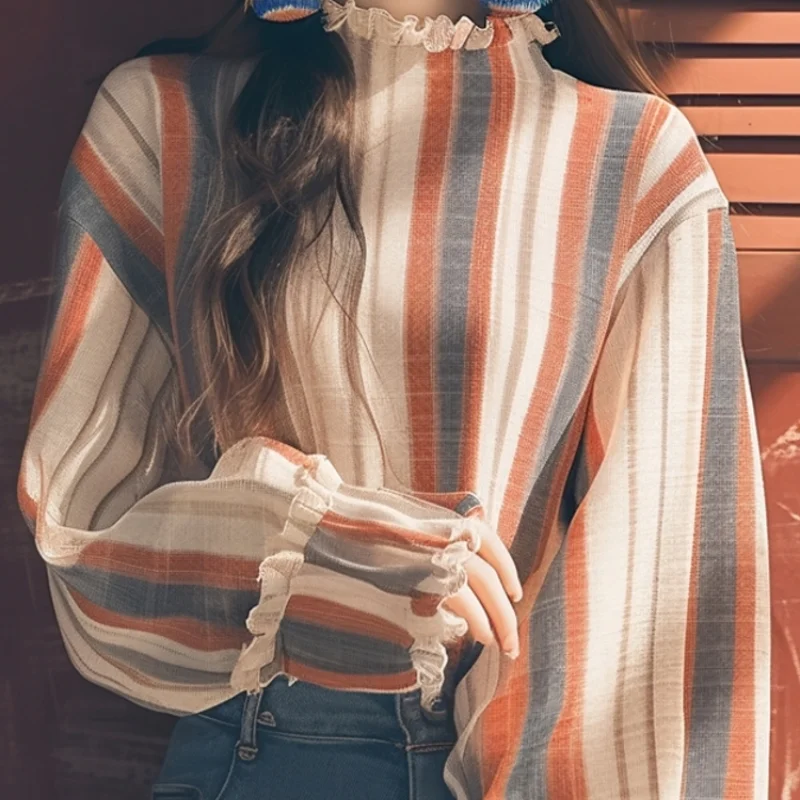 قميص بأكمام طويلة مخطط مهدب، قميص أنيق على الطراز الكوري