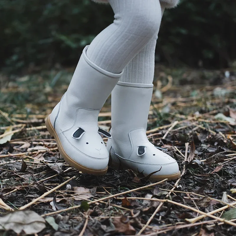 Animais dos desenhos animados crianças botas de neve couro genuíno coelho crianças sapatos de inverno quente de pelúcia meninas bonito tênis botas casuais do menino