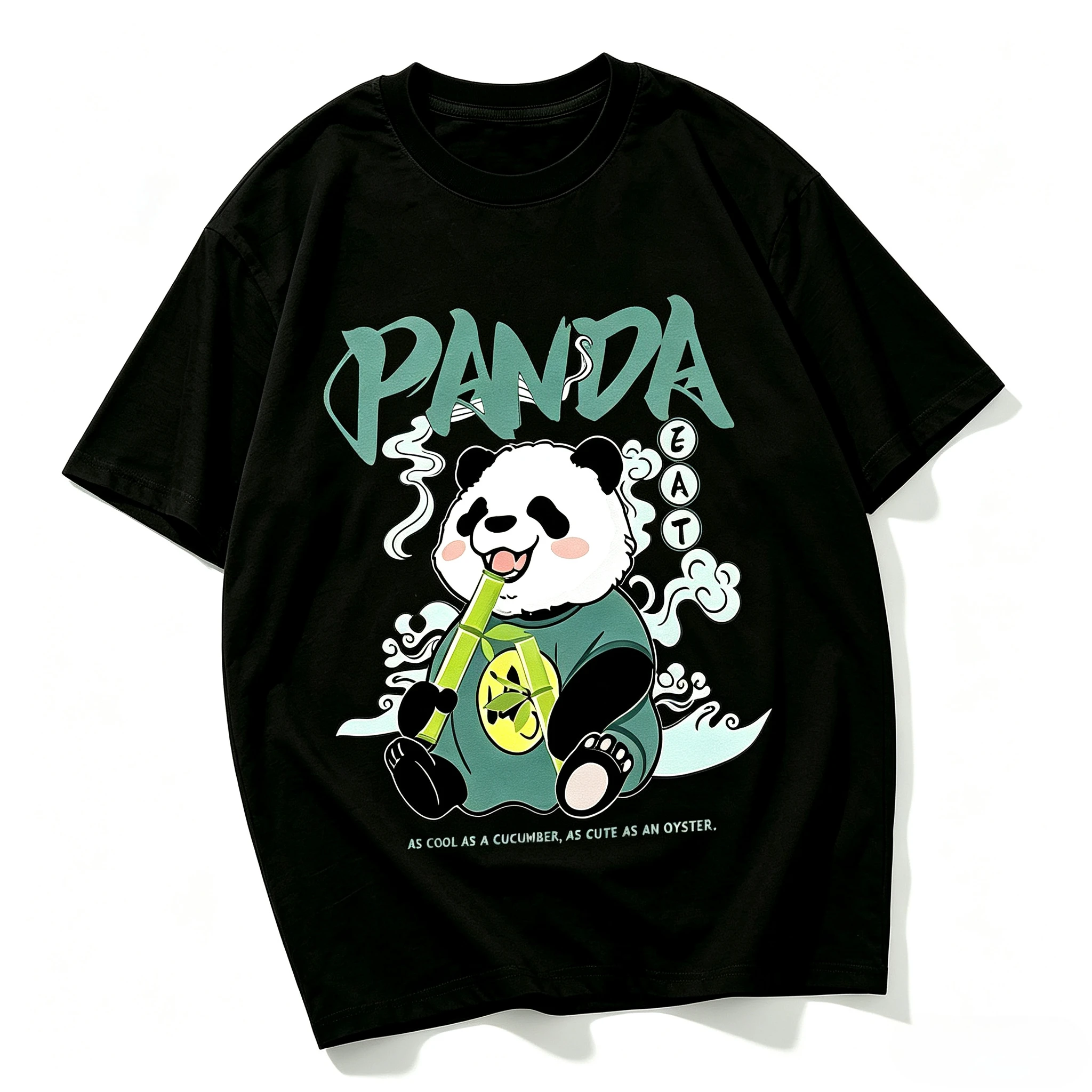 Oriental Style Panda Eating Bamboo Graphic T-Shirt Unisex Cartoon Print Loose Short Sleeve Modal Casual Summer Streetwear Tops