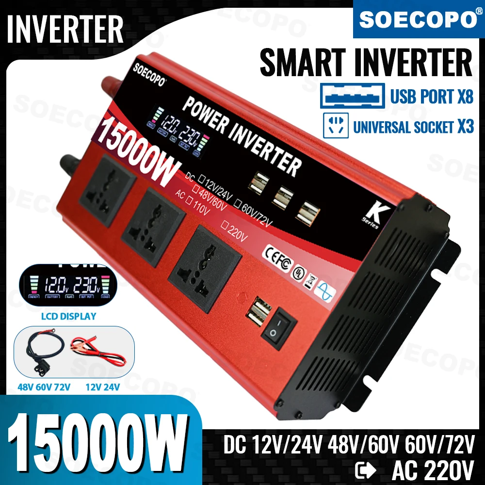 

SOECOPO 15000W Car Inverter 12V/24V 48V/60V 60V/72V to 220V Car Voltage Converter 3 Sockets 8 USB Ports Dual - Voltage Camping