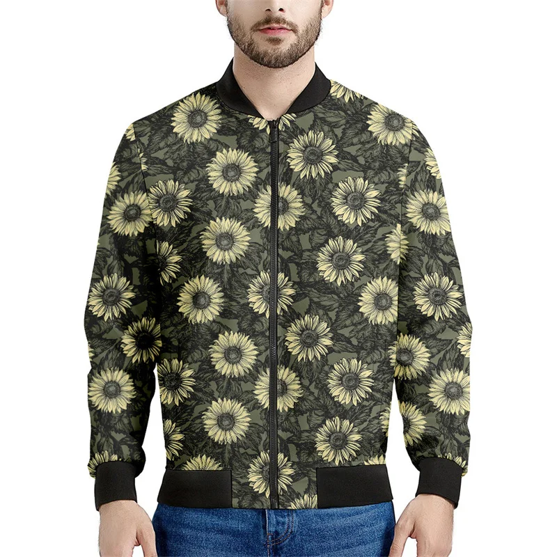 Black White Sunflower Pattern Jacket Men 3d Printed Floral Sweatshirts Street Long Sleeves Oversized Zipper Jackets Coats