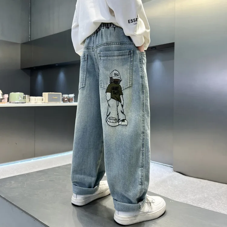 2025 Fashion Cartoon Jeans for Boys Teenage Children Jeans Elastic Waist Denim Pants Kids Trousers for Boys Kids Clothes 5-14T