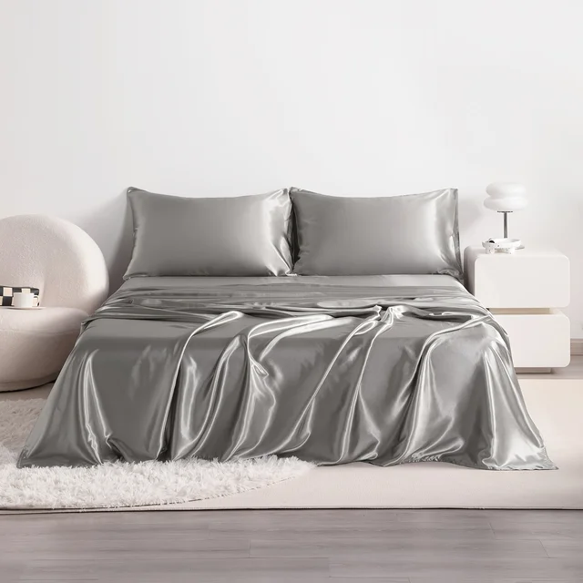 4pcs Cooling Satin Bed Sheet Set, Shrink-Resistant, Fade-Resistant, Hypoallergenic, Breathable, Flat Sheet & Fitted Sheet & Pill 4