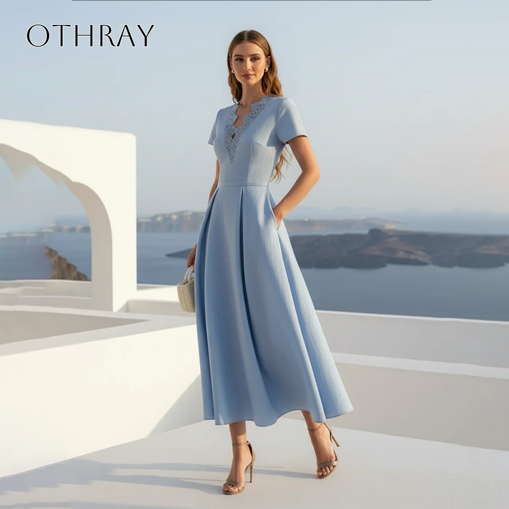V-neck Lace A-line Satin Homecoming Dresses Short Sleeves Tea Length Pleated Customized فساتين سهرة