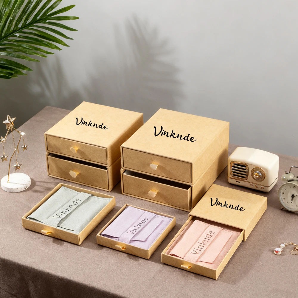

Brown Cardboard Jewelry Drawer Box With Velvet Foam Microfiber Bag Sliding Drawer Necklace Wedding Ring Earrings Storage Boxes