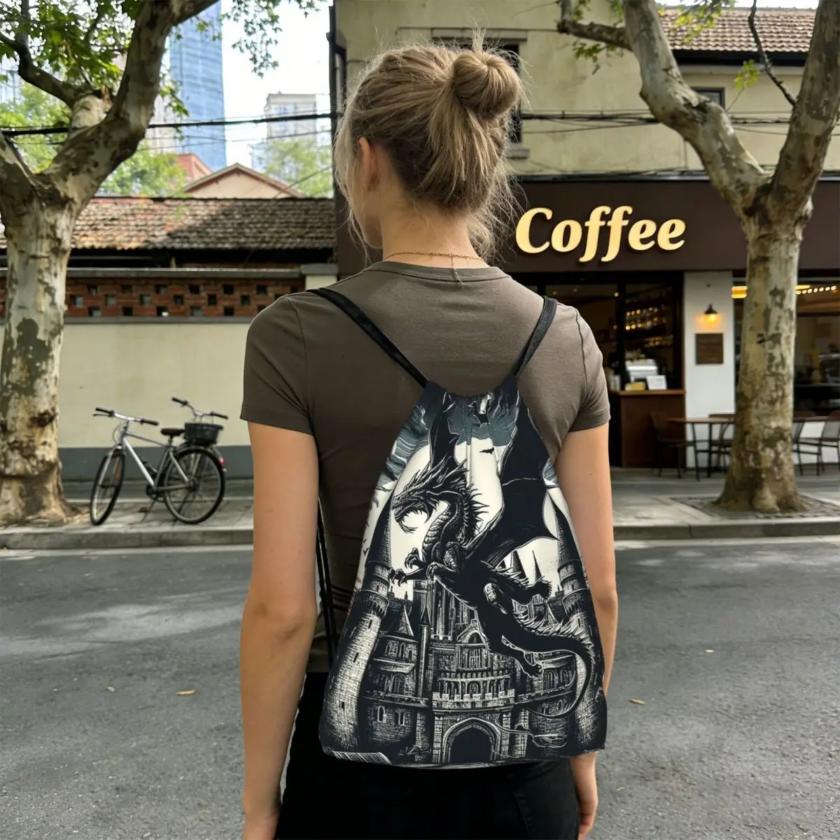 Fantasy Mythical Dragon And Castle Backpacks Portable Drawstring Bundle Pocket Storage Bag Book Bags for Travel Students