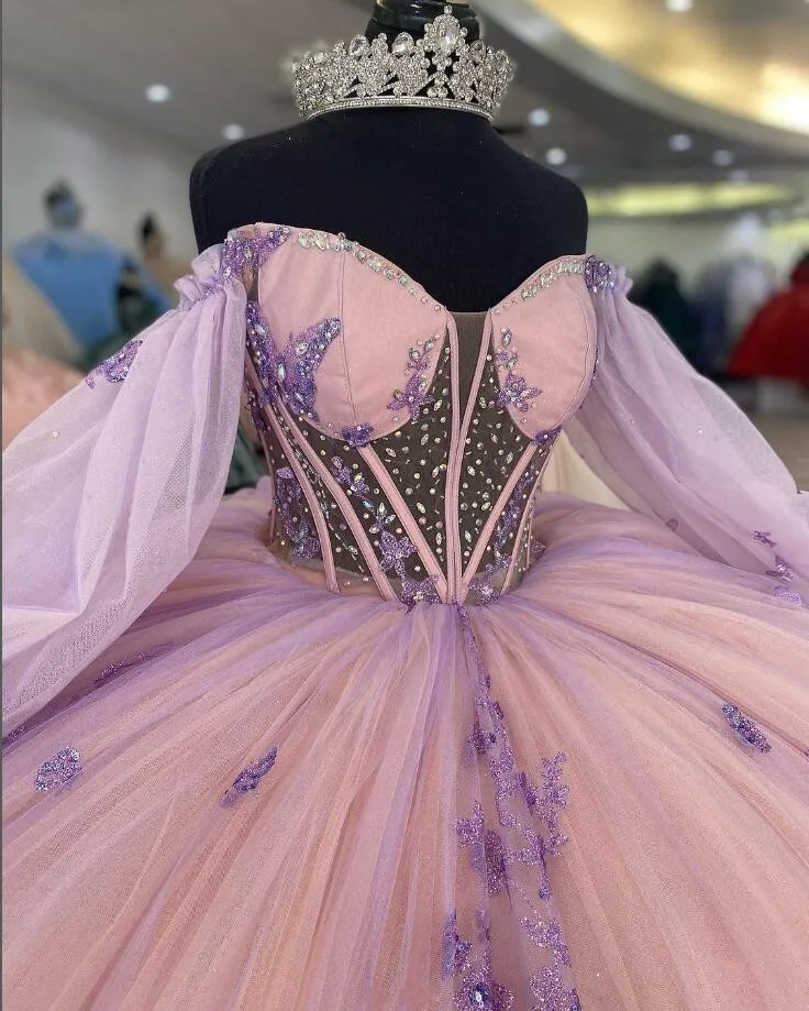 Vestido Princesa Quinceanera com manga comprida, rosa lilás, apliques brilhantes, espartilho, doce de agitação, 16, 15