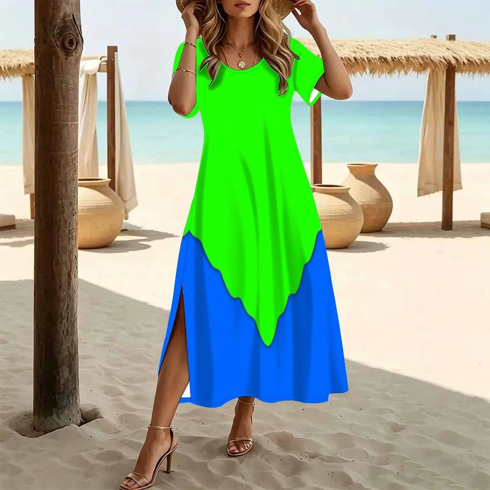 Vestido largo con abertura, de manga corta y cuello redondo, para mujer, en colores verde lima y azul real.