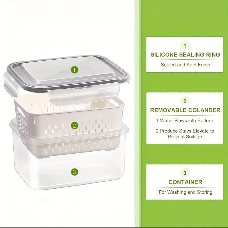 Kühlschrank-Aufbewahrungsbehälter-Set mit Deckeln und Sieb, Plastik-Frischhaltebox für Gemüse, Obst und Fleisch zur Organisation – Detail 3