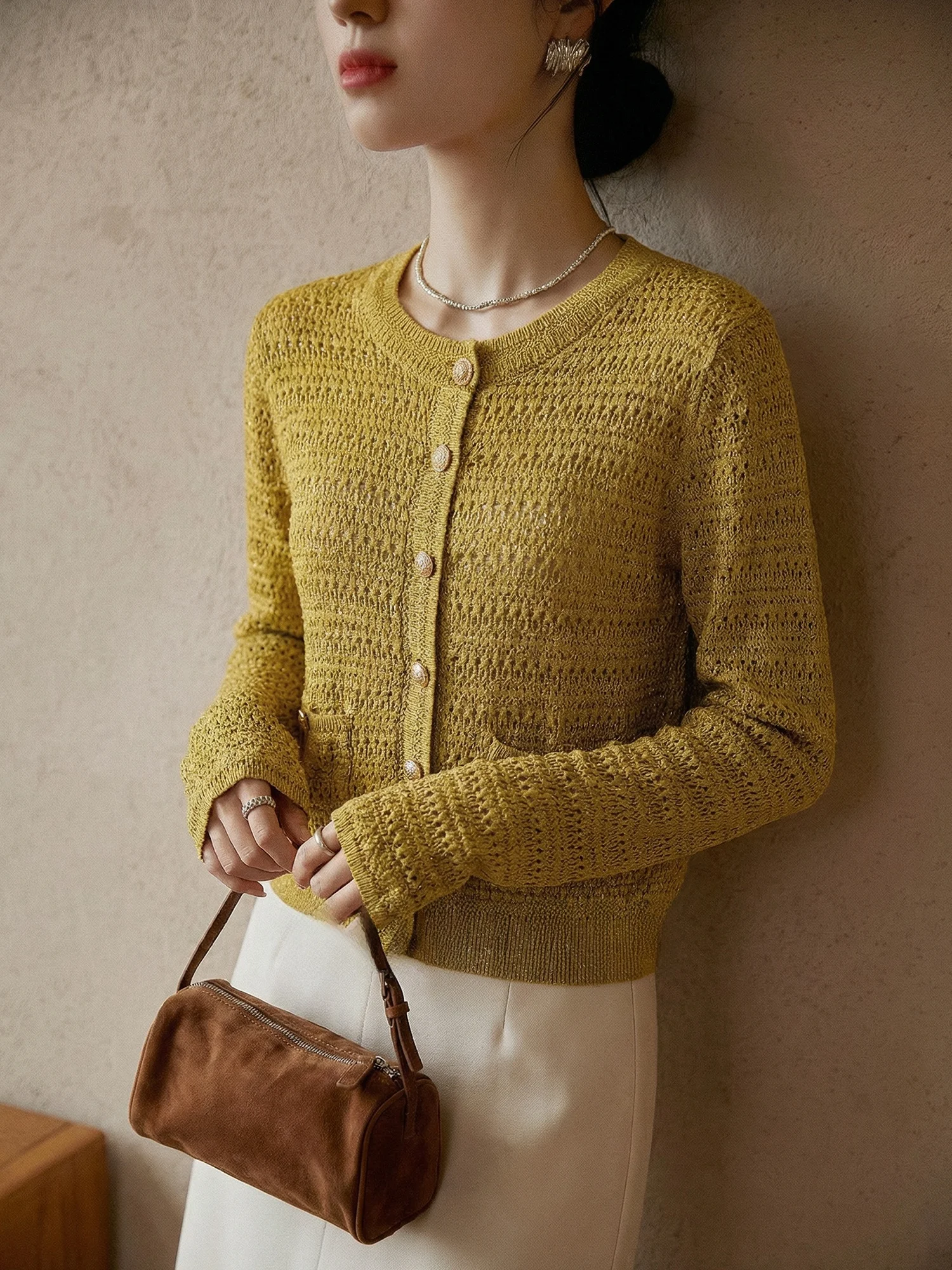 

Chivirin Linen Knitted Cardigan Women's round Ne Single Button Spring Yellow Slim Fit Sweater Jaet Breathable Luxury Sle