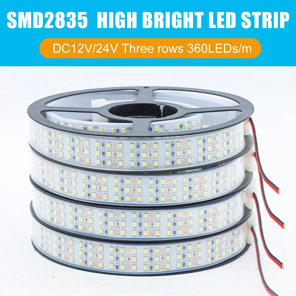 5m alto brilho smd2835 três fileiras 360leds/m dc12v/24v ip20 ip67 à prova dip67 água flexível fita led ao ar livre projeto iluminação 4000k