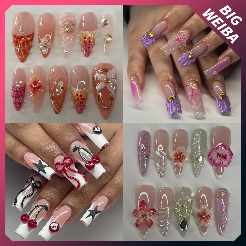 

New Romantic 3D Handmade Flowers Press On Full Cover Nail Tips Gel Shell French Garden Series Customizable Detachable Nail Art