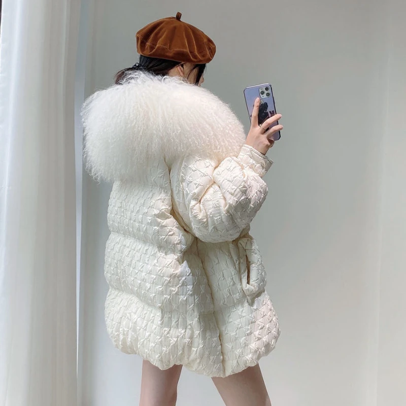 Women\'s Puffer Coats Winter New Outerwears Sweet Fashion Luxury Down Jackets Large Fur Collar Thick Loose Warm Down Coats