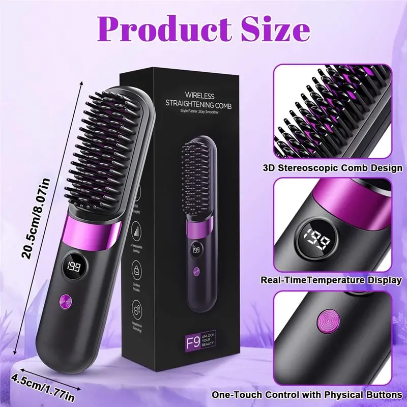[NEW!A65Z】 Adjustable Temperature Brush Heated Hair Brush Styling Appliances Travel Hair Straightening Brush With 4 Temperature 2