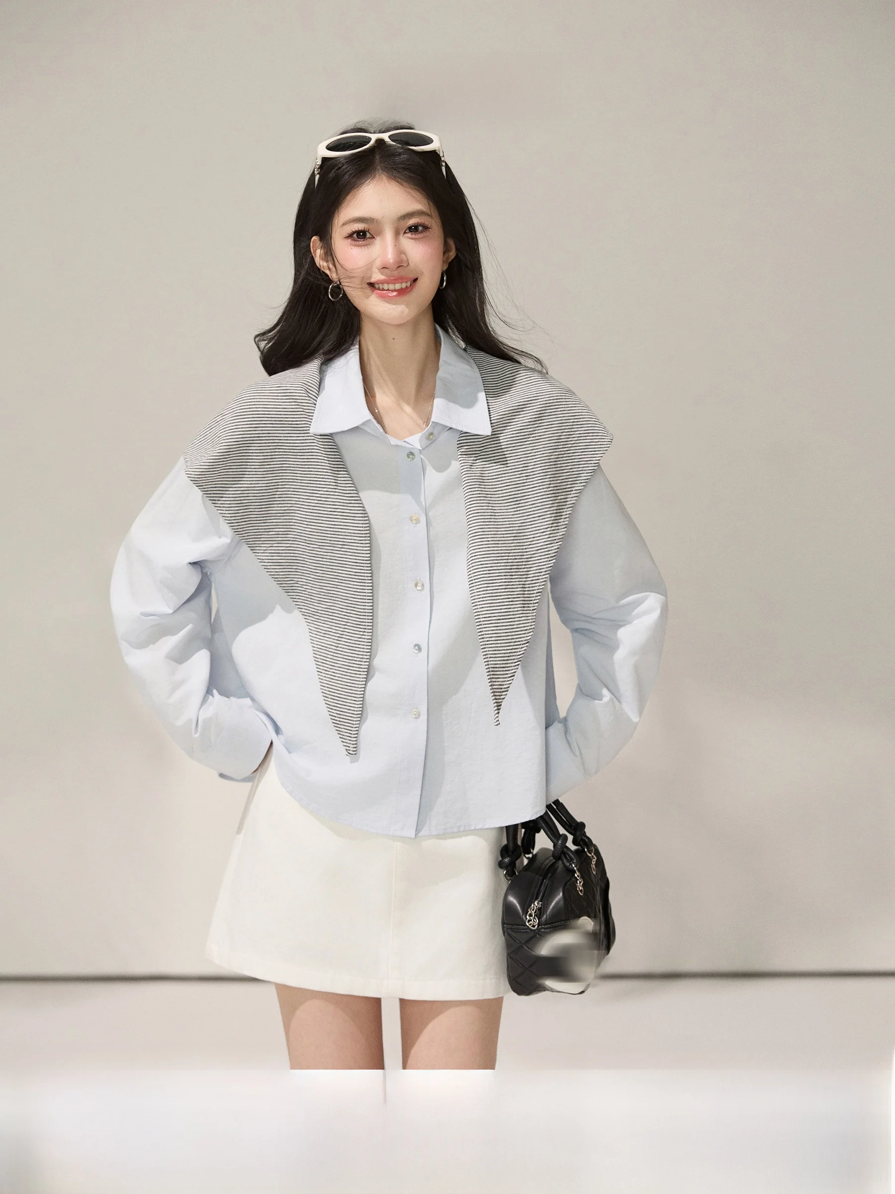 

Blue Stripe Shoulder Shawl Loose Long Sleeve Women's Shirt Spring 2026 Comfortable Breathable French Style Clothing