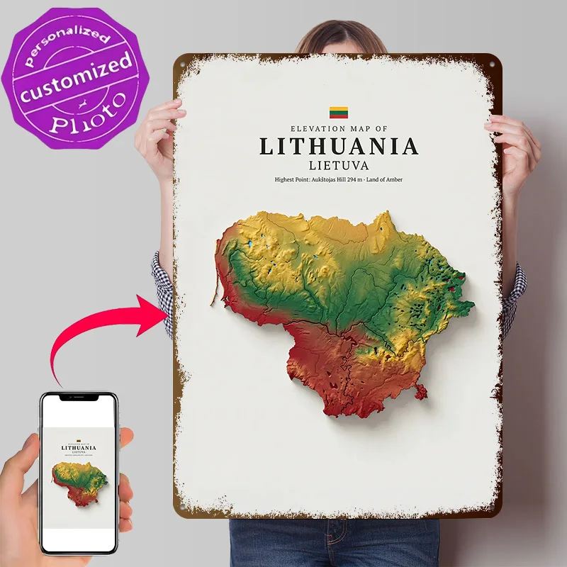 Lithuania Elevation Map Personalized 3D Textured Metal Poster Wall Art Vintage Tin Signs for Modern Home Decoration Luxury House