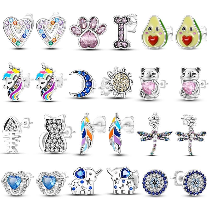 

Silver Plated Woman Earring Cute Ear Studs Zircon Flower Cat Heart Original Design Earring Exquisite Jewelry