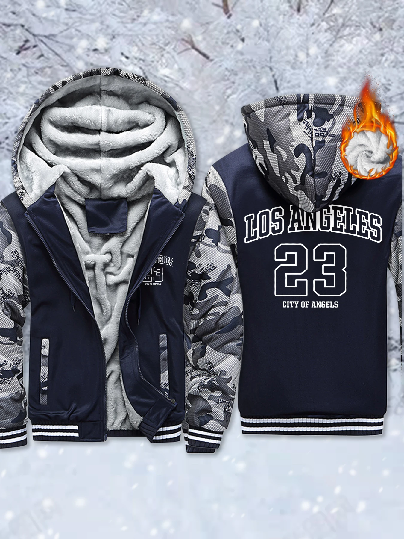 

Los Angeles Number 23 Printing Winter Male Coat Outdoor Streetwear Casual Sweatshirt Fleece Heavyweight Fashion Hooded Jacket