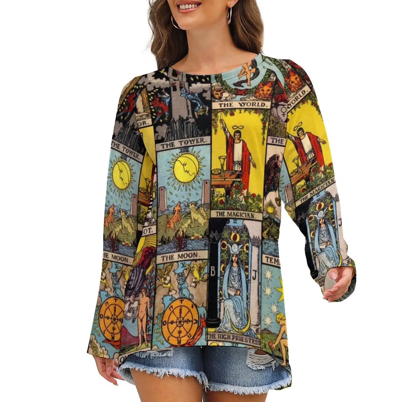 Vintage Moon T Shirts Tarot Art Collage Modern T-Shirt Womens Long-Sleeve Streetwear Tshirt Oversized Print Tees