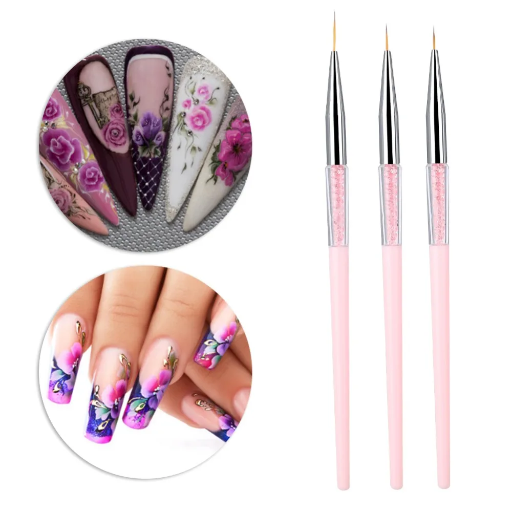 3pcs Fine Detail Fine Detail Nail Brush Professional Rhinestone Handle Nail Art Brush Delicate Nail Liner Brush Gel Polish