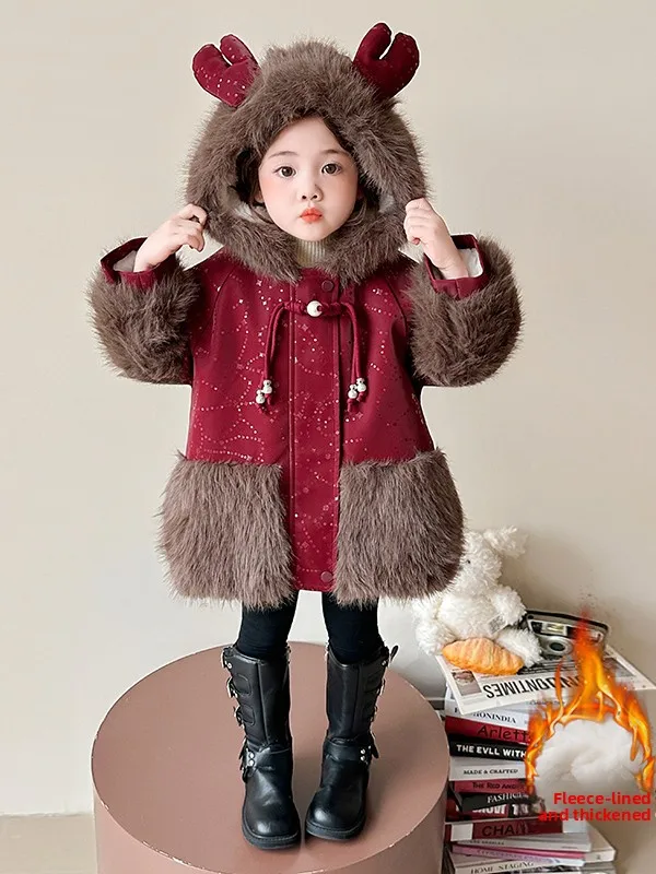 

Girls Fur Coat Winter Thiened Floing New Year Visit Clothes Straight Cut Long Sve Zipper Pure Color Children's Outerwear