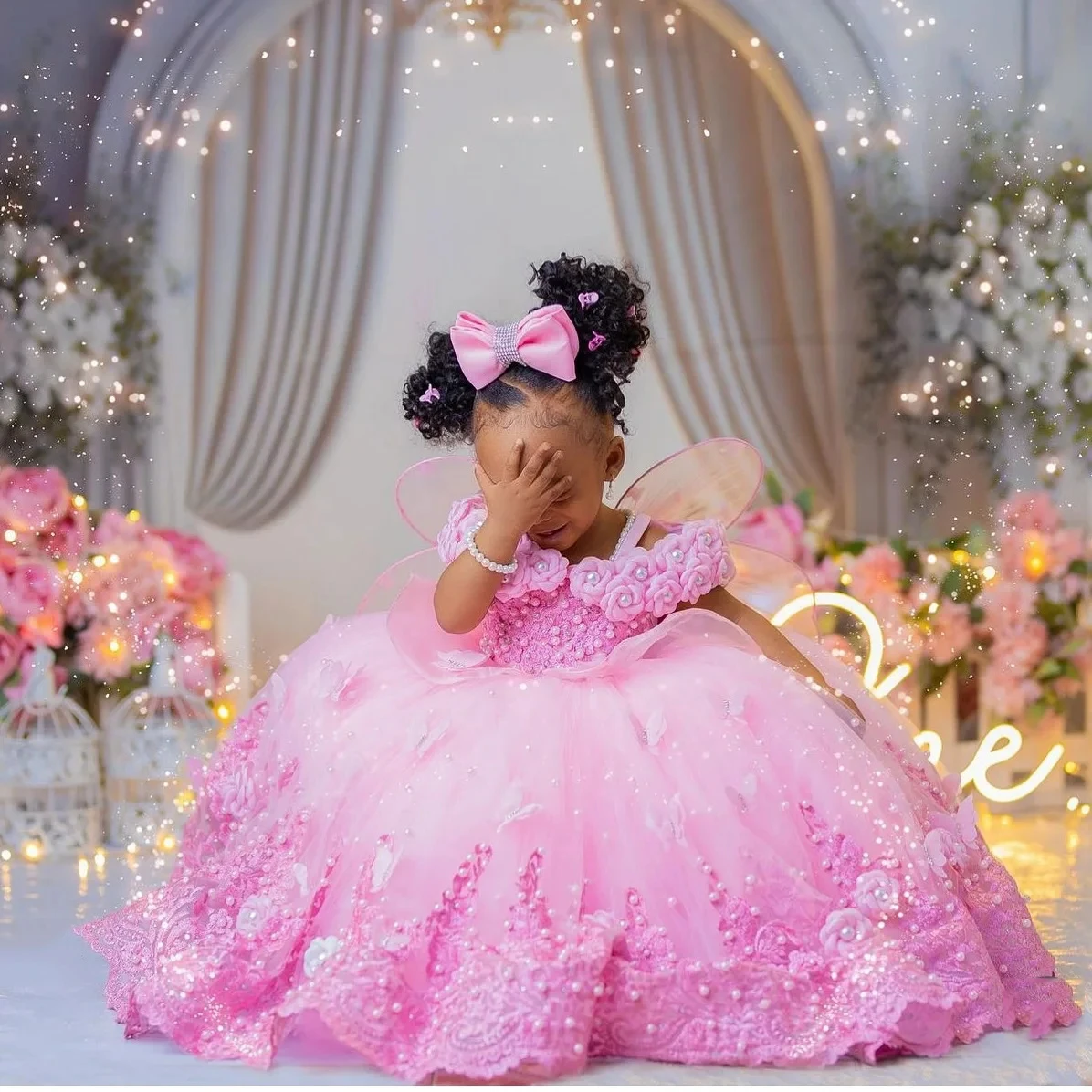 Flower Girl Dresses For Wedding Luxury Pink Tulle Pearls Lace Ball Gown Princess First Communion Birthday Photos Shoot Dresses