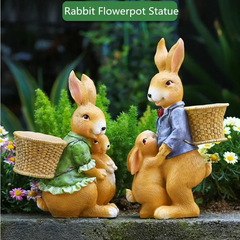 Creative Resin Rabbit Statue Simulation Bunny Family Flowerpot Craft Ornaments Yard Garden Outdoor Sculpture Easter Decorations