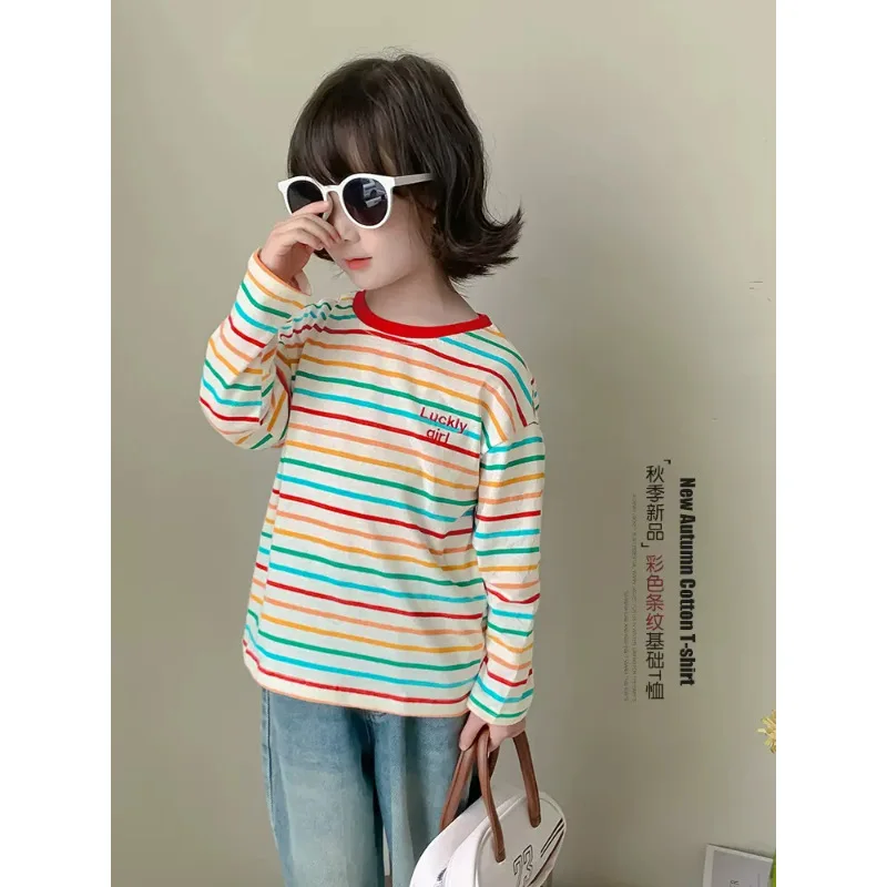 Girls Striped Long Sleeved T-shirt for Spring and Autumn 2026 New for Children Baby Western-style Warm Base Shirt Top