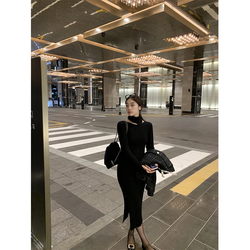 

Облегающая вязаная юбка-миди с боковым разрезом для мужчин, осенне-зимняя новинка, обтягивающая, с запахом, для ношения под одеждой