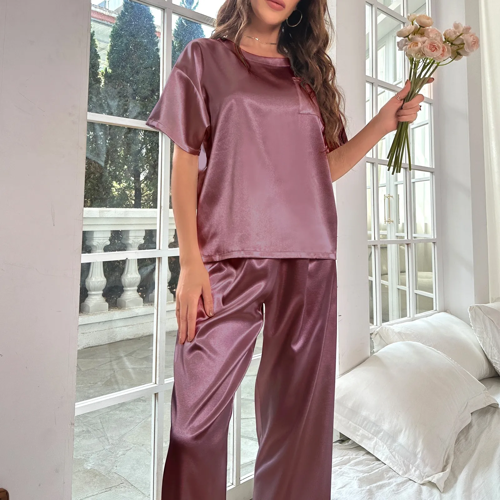 

Solid Color Sleepwear Pajamas Clothes for Women's Short Sleeved Pullover Top and Long Trousers 2 Piece Women Pijama Suit