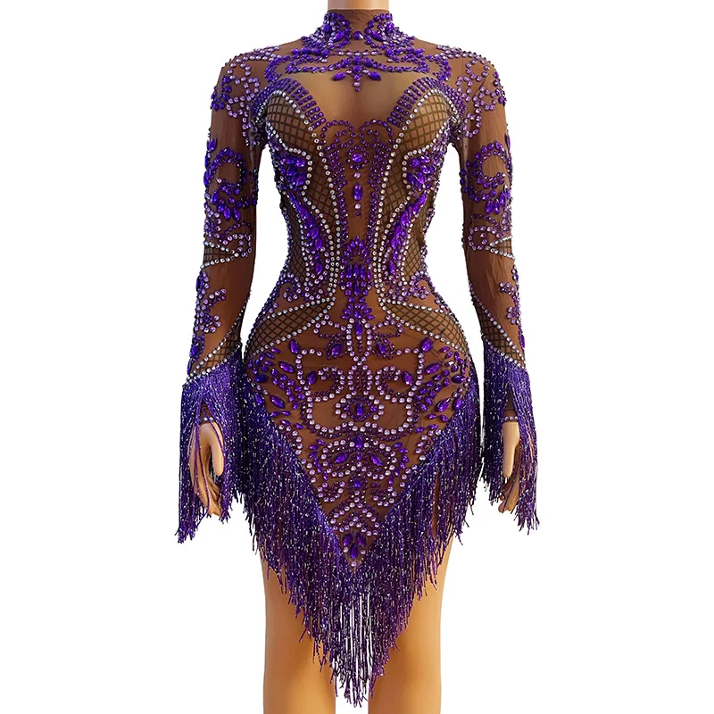 Romantic Purple Diamond Tassel Sexy Prom Dress Indian Dress Party Dress Long Sleeve Show Women Dresses for Party and Wedding