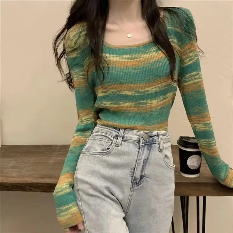 Women\'s Striped Sweater Autumn New O-Neck Long Sleeve Short Slim Knitted Pullover Sweaters Korean Style Vintage Knitting Tops