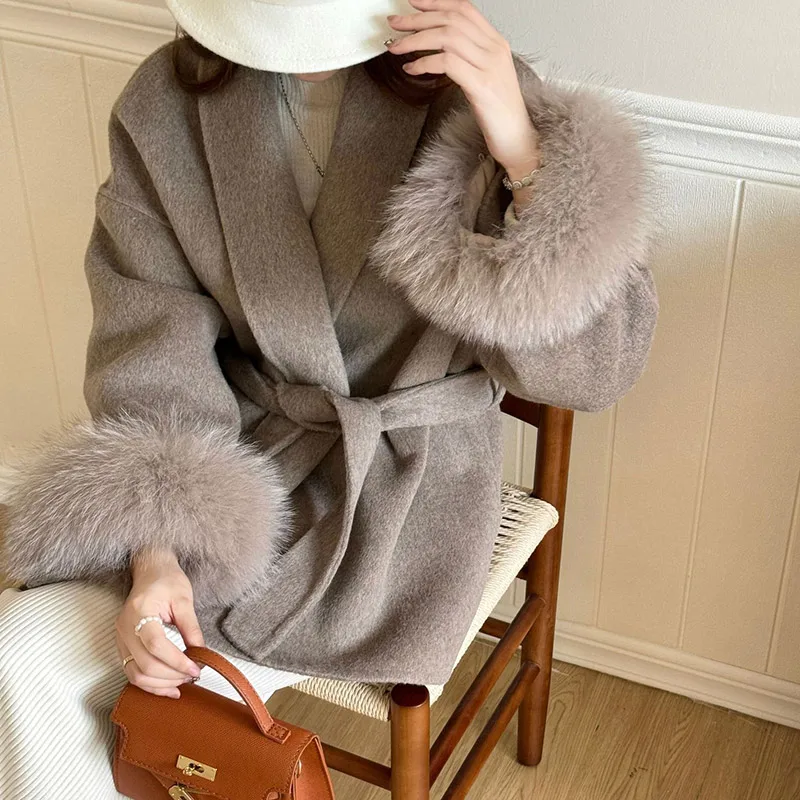 Women Winter Real Wool Coats Fashion Fox Fur Collar Trench Coat With Hood Lady Fur Jackets Belt Fur Cuffs