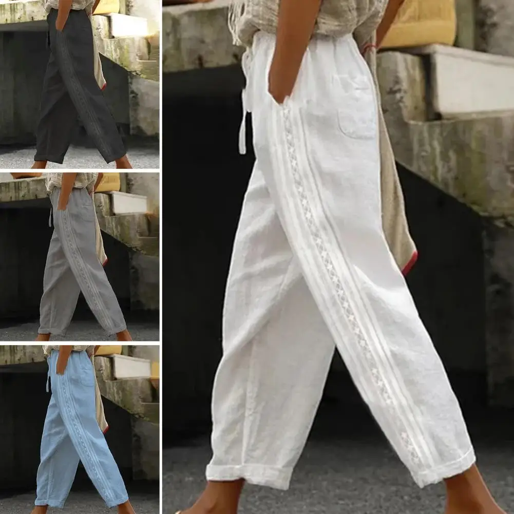 Vintage Plain Cotton Linen Pants Women Sexy Side Hollow Lace Design Trousers New Spring Summer Pocket Tie-up Sweatpants