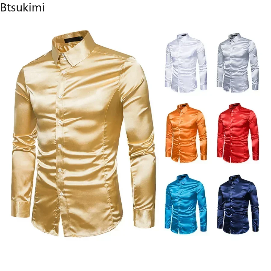 2026 Men's Shinny Silk Satin Luxury Dress Shirts Brand Men Wedding Prom Tuxedo Male Casual Shirt Camisa Masculina Solid Shirts